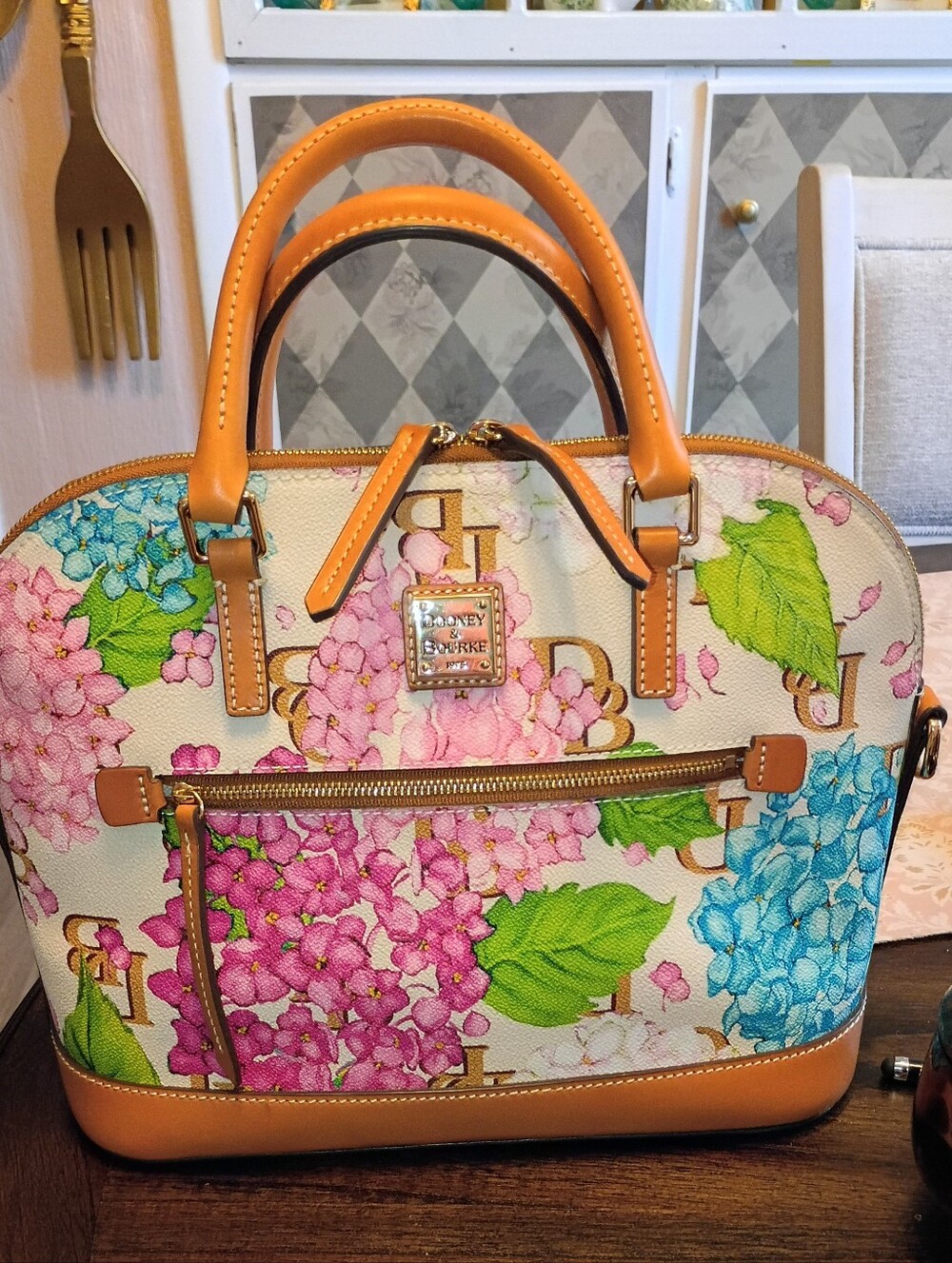 Dooney & Bourke Monogram Floral Hydrangea Zip Domed Satchel